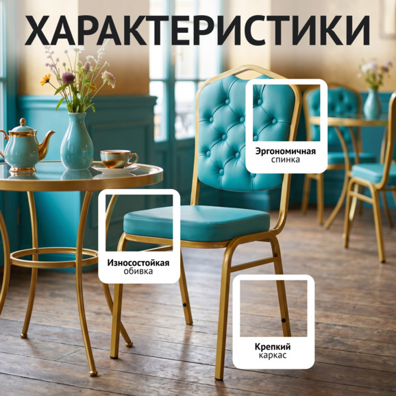 Стул Хит 20мм с каретной стяжкой, золото, кожзам голубой Стул Хит 20мм с каретной стяжкой, золото, кожзам голубой - фото 2