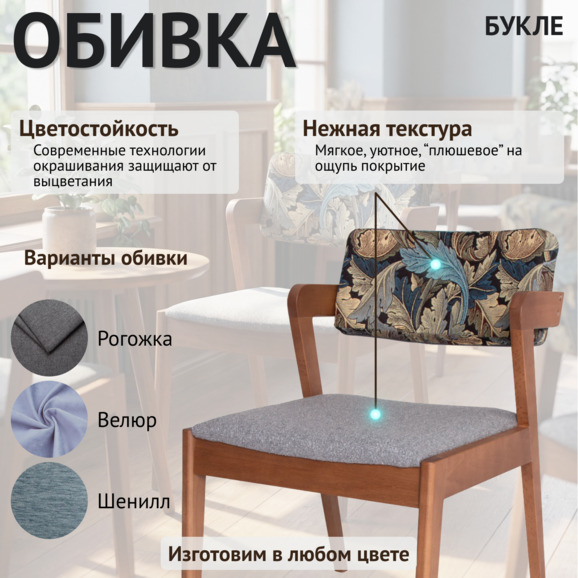 Полукресло Остин, сиденье букле Ланвин 902, спинка гобелен Листья серый У. Моррис, ножки бук морилка светлый орех - фото 3