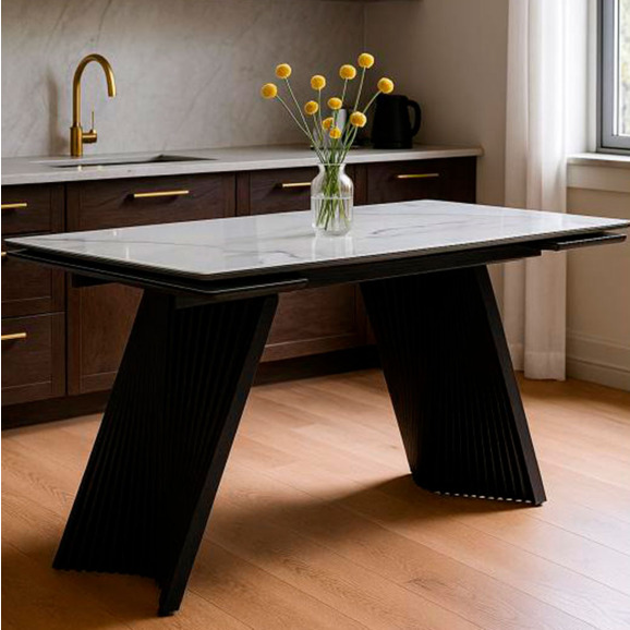 Стеклянный стол Вейв 140(200)х80 кристл белый мрамор / черный - фото 8