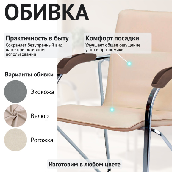 Стул Самба, кожзам Нитро Бейге, каркас хром гальваника, подлокотники светлый орех - фото 3