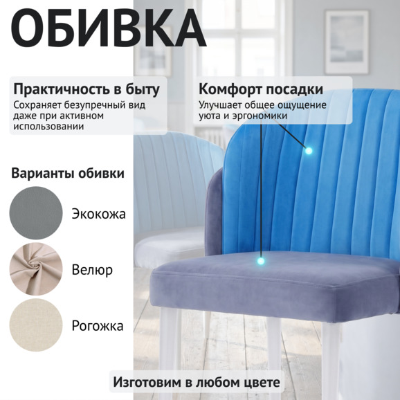 Полукресло Лилия, велюр, ножки металл, голубой, белый - фото 3