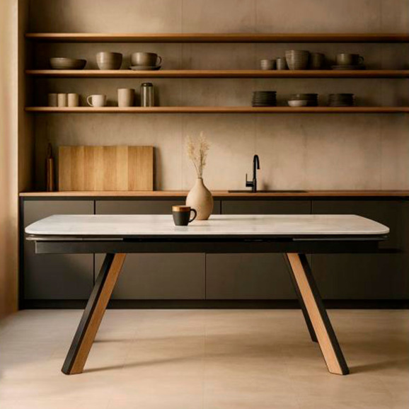 Керамический стол Симмонс 180(260)x90 statuario titan gloss / черный / орех дуб монтана - фото 10