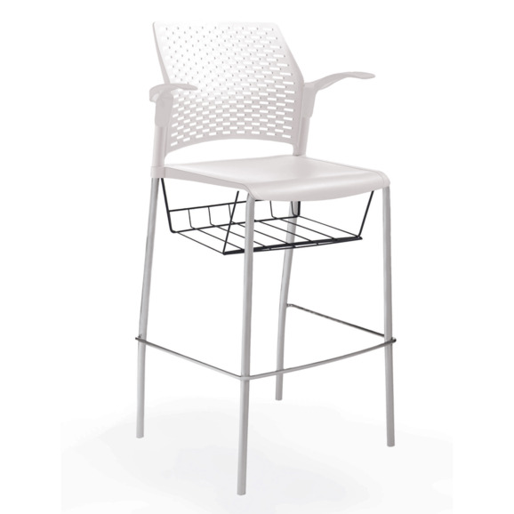 Стул Ревайнд барный с корзиной для бумаг и подлокотниками, белый, серебряный - фото 1