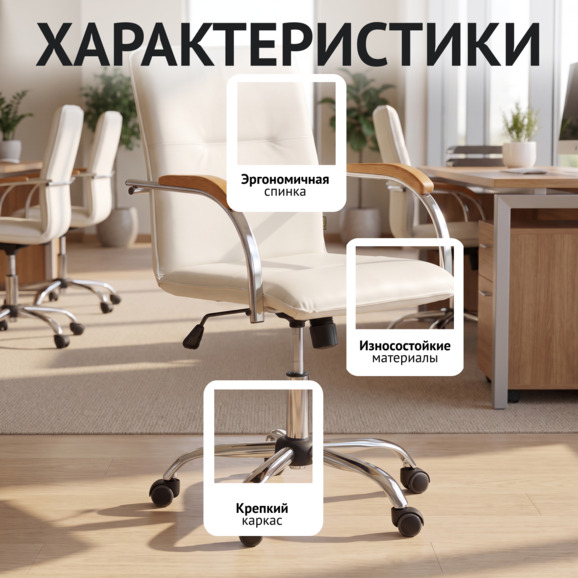 Кресло Самба офисное, кожзам Фиджи Милк, каркас хром, подлокотники бук светлый орех - фото 2