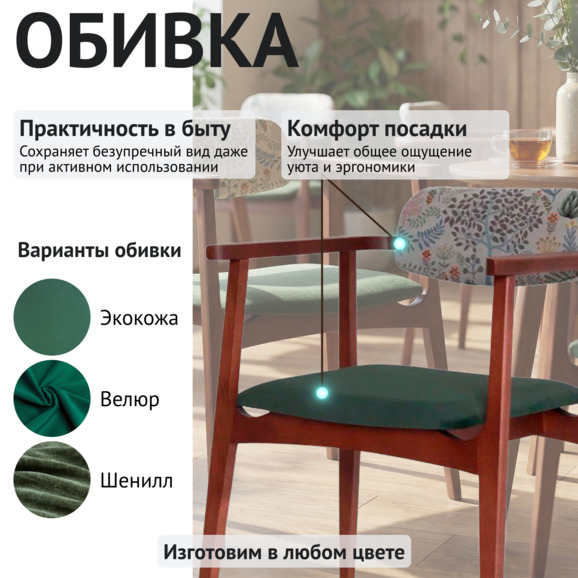 Стул Гави, спинка гобелен лесная флора серый фон, сиденье велюр Селеста 33 зеленый, ножки бук морилка красное дерево - фото 3