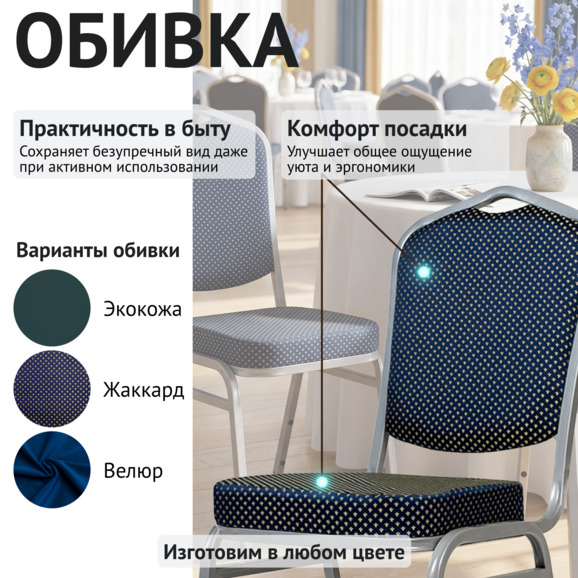 Стул Хит 20мм, алюминиевый каркас, серебро, синий жаккард - фото 3