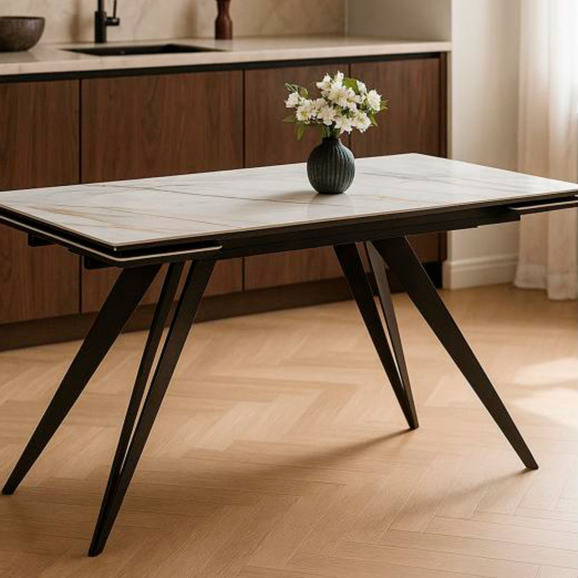 Керамический стол Дарвин 160(220)х89 белый с прожилками gilt white / черный - фото 8