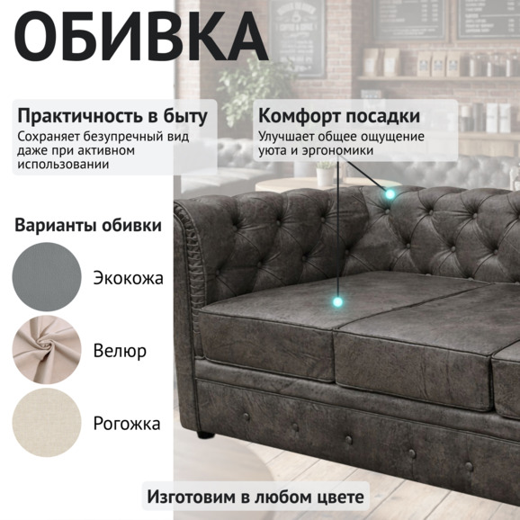 Диван Честер, трехместный, экокожа, темно-серый Диван Честер, трехместный, экокожа, темно-серый - фото 3