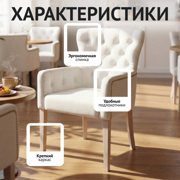 Кресло Байрон, велюр Стади Вайт, морилка белая - фото 2