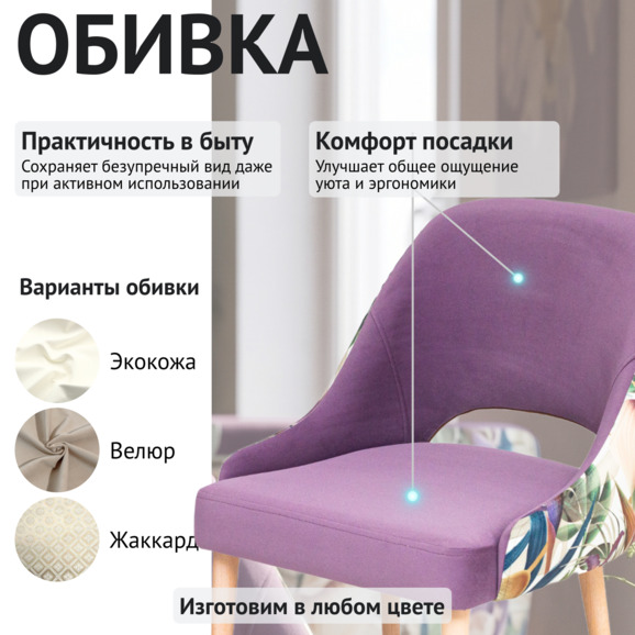 Стул Мила, велюр фиолетовый, принт цветы - фото 3