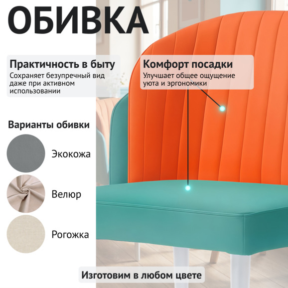 Полукресло Лилия, велюр, ножки металл, бирюзово-оранжевый, белый - фото 3