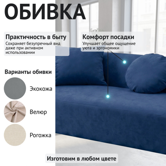 Диван Голум, велюр синий - фото 3