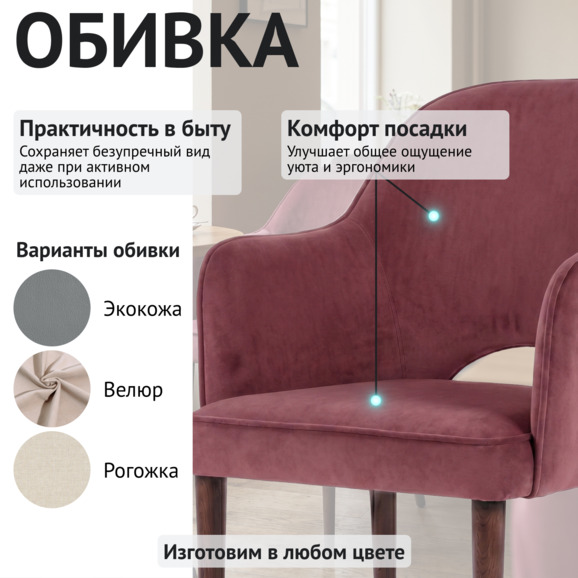 Стул Роза, велюр Тедди 968, ножки бук морилка светлый орех - фото 3