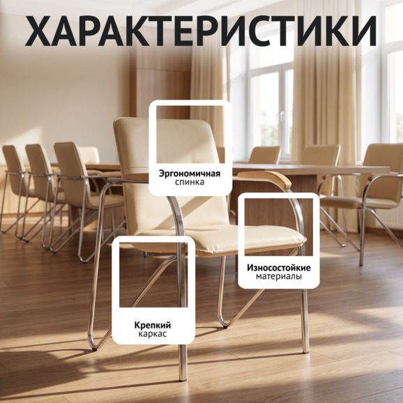 Стул Самба-2, экокожа Креам, каркас хром, подлокотники бук, морилка светлый орех - фото 2