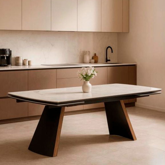 Керамический стол Симмонс 180(260)x90 statuario titan gloss / черный / орех дуб монтана - фото 9