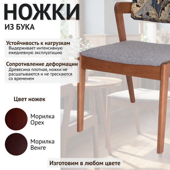 Полукресло Остин, сиденье букле Ланвин 902, спинка гобелен Листья серый У. Моррис, ножки бук морилка светлый орех - фото 4