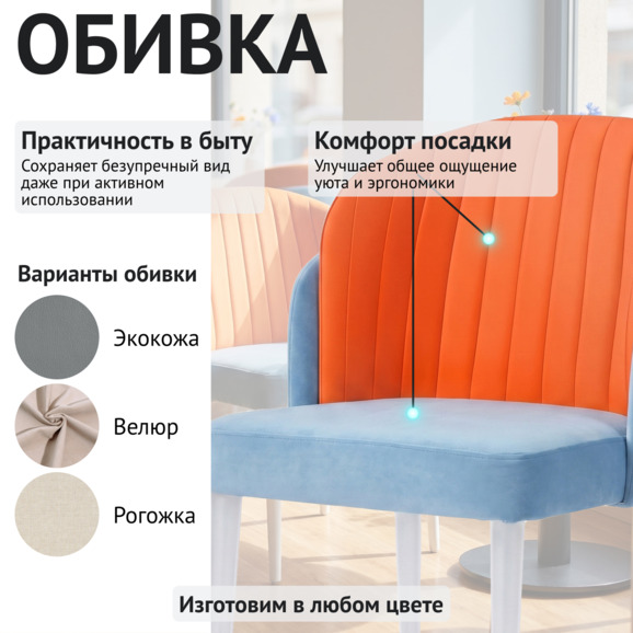 Полукресло Лилия, велюр, ножки металл, оранжево-голубой, белый - фото 3