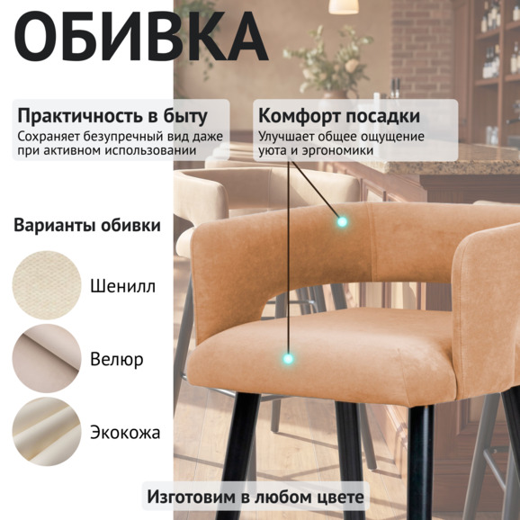 Стул барный Марс, бежевый велюр/ черный каркас - фото 3