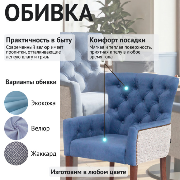 Кресло Байрон, синий велюр, старинный орех Кресло Байрон, синий велюр, старинный орех - фото 3