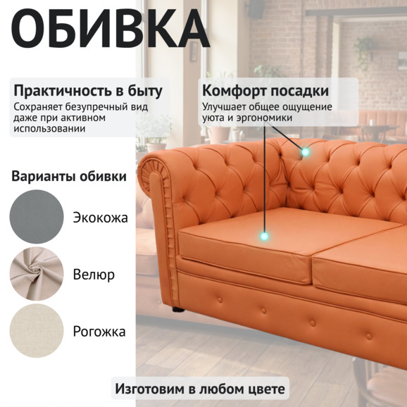 Диван Честер, двухместный, велюр, оранжевый - фото 3