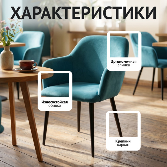 Стул Терра, черные ножки, велюр голубой - фото 2