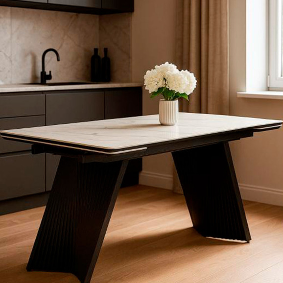 Керамический стол Вейв 160(220)х89 белый с прожилками gilt white / черный - фото 8