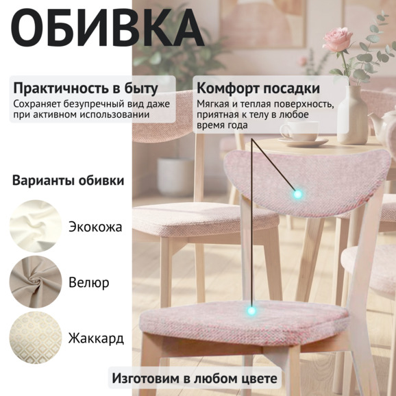 Стул Руби, шенилл шер роуз, морилка белая - фото 3