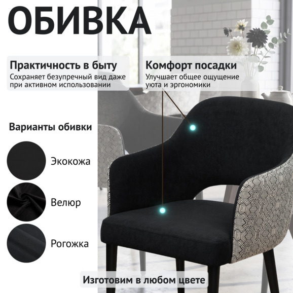 Стул Роза, велюр черный, спинка гобелен, ножки черные - фото 3
