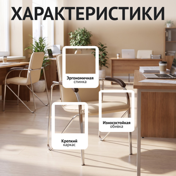 Стул Самба, кожзам Нитро Бейге, каркас хром гальваника, подлокотники светлый орех - фото 2