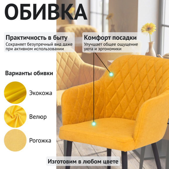 Стул Тюльпан, велюр желтый, ножки металл Стул Тюльпан, велюр желтый, ножки металл - фото 3
