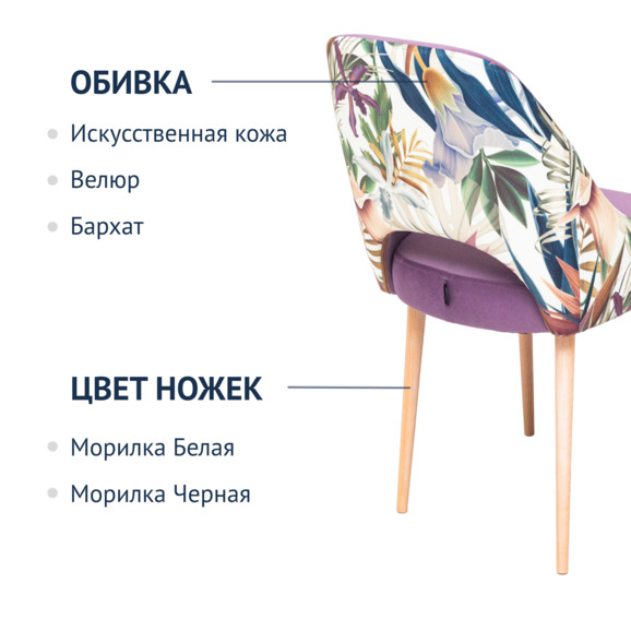 Стул Мила, велюр фиолетовый, принт цветы - фото 2