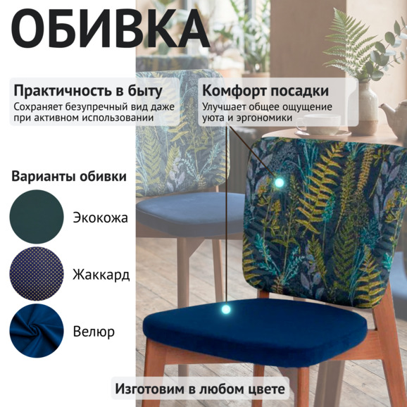 Стул Сафир, спинка жаккард Хербл синий, сиденье велюр Тедди 666 темно-синий, ножки бук морилка светлый орех - фото 3