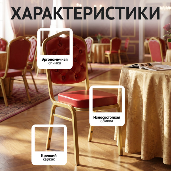 Стул Хит 25 мм, золото, красная экокожа, с каретной стяжкой - фото 2