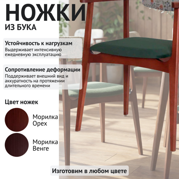 Стул Гави, спинка гобелен лесная флора серый фон, сиденье велюр Селеста 33 зеленый, ножки бук морилка красное дерево - фото 4