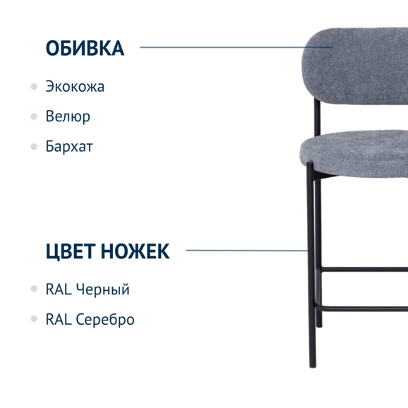 Стул барный Gawaii, букле Stella blue stone, ножки металл черный муар - фото 6