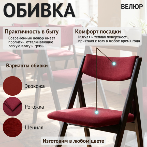 Стул раскладной Клак с мягкой спинкой, велюр Велютто 38, ножки бук морилка черная - фото 3