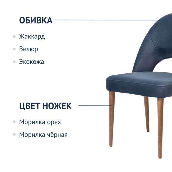 Стул Маллин, велюр синий, спинка жаккард серый, ножки орех - фото 2