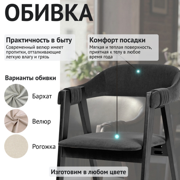 Полукресло Дольче, велюр чёрный Тедди 020, морилка черная - фото 3